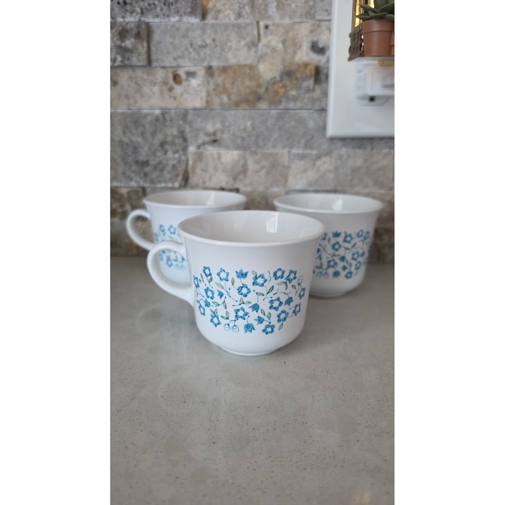 Corelle Morning Blue Coffee Mugs Set 3 VTG Corning Floral Vitrelle cottagecore